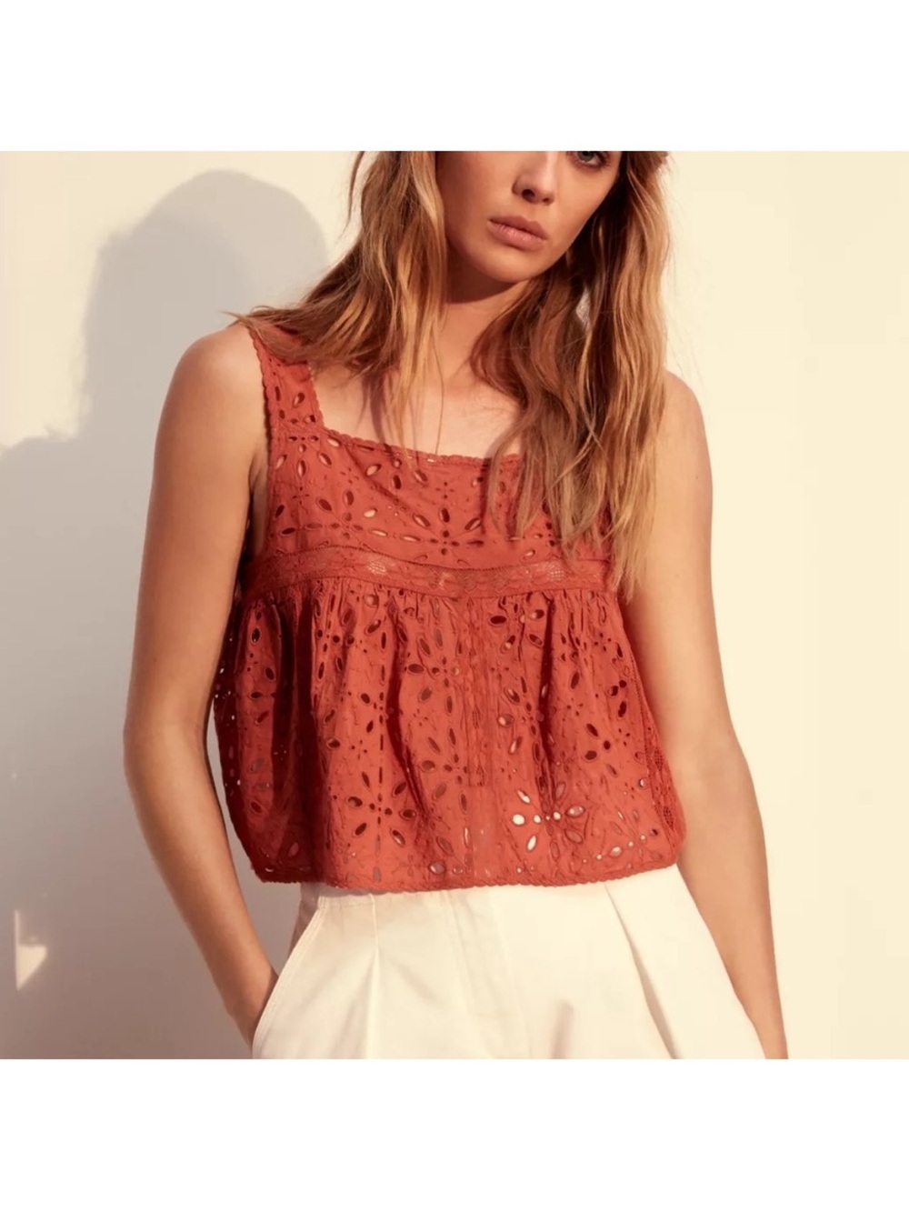 NWT Wilfred La Boheme Leonore Boho Eyelet Crop Top Button Down Terracotta Rust